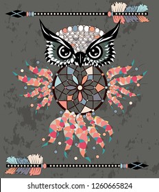 Dreamcatcher owl boho style cartoon character abstract bohemian object feathers