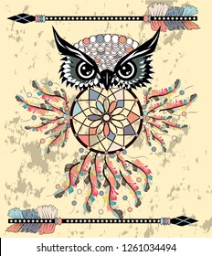 Dreamcatcher owl boho style cartoon character abstract bohemian object feathers