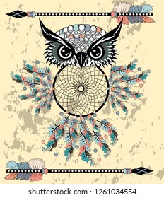 Dreamcatcher owl boho style cartoon character abstract bohemian object feathers