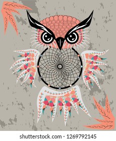 Dreamcatcher owl boho style cartoon character abstract bohemian object feathers.