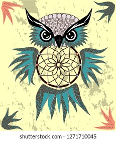 Dreamcatcher owl boho style cartoon character abstract bohemian object feathers.