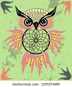 Dreamcatcher owl boho style cartoon character abstract bohemian object feathers