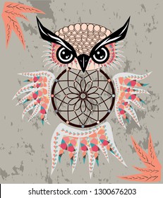 Dreamcatcher owl boho style cartoon character abstract bohemian object feathers