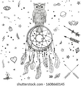 Dreamcatcher with owl on white. Hand drawn elements. Design for spiritual relaxation for adults. Black and white illustration