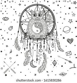 Dreamcatcher with owl on white. Hand drawn elements. Design for spiritual relaxation for adults. Black and white illustration