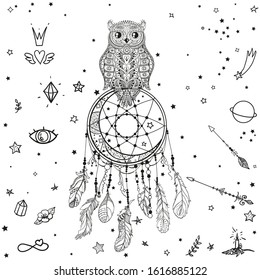 Dreamcatcher with owl on white. Hand drawn elements. Black and white illustration