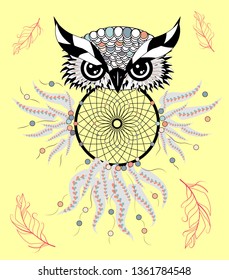Dreamcatcher. Owl. Tattoo art, mystic symbol. Abstract feathers. Print. American Indians symbol. Design for spiritual relaxation for adults