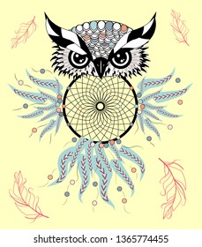 Dreamcatcher. Owl. Tattoo art, mystic symbol. Abstract feathers. Print. American Indians symbol. Design for spiritual relaxation for adults