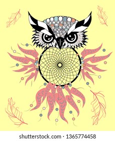 Dreamcatcher. Owl. Tattoo art, mystic symbol. Abstract feathers. Print. American Indians symbol. Design for spiritual relaxation for adults