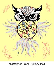 Dreamcatcher. Owl. Tattoo art, mystic symbol. Abstract feathers. Print. American Indians symbol. Design for spiritual relaxation for adults