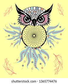 Dreamcatcher. Owl. Tattoo art, mystic symbol. Abstract feathers. Print. American Indians symbol. Design for spiritual relaxation for adults