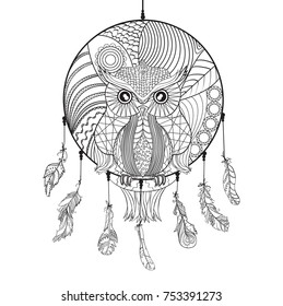 Dreamcatcher. Owl. Tattoo art, mystic symbol. Abstract feathers. Print for polygraphy and textiles. American Indians symbol. Design for spiritual relaxation for adults. Zentangle. Decorative style