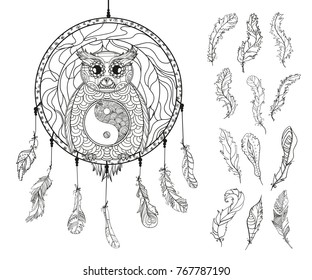 Dreamcatcher. Owl. Tattoo art, mystic symbol. Abstract feathers. Print for polygraphy and textiles. American Indians symbol. Design for spiritual relaxation for adults. Zen art. Set of feathers