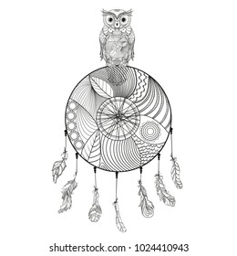 Dreamcatcher with owl. Zentangle. Abstract bird. Line  art. Mystic symbol. Print for polygraphy and textiles. Native Americans symbol. Zen art. Design for spiritual relaxation for adults. Decorative