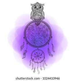Dreamcatcher with owl. Zentangle. Abstract bird. Line art. Mystic symbol. Print for polygraphy and textiles. Native Americans symbo. Zen art. Watercolor spot. Colored aquarelle blotch. Bright stain