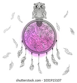 Dreamcatcher with owl. Zentangle. Abstract bird. Line art. Mystic symbol. Print for polygraphy and textiles. American Indians symbol. Zen art. Watercolor spot. Colored aquarelle blotch. Bright stain