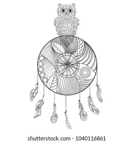 Dreamcatcher with owl. Zentangle. Abstract bird. Line  art. Mystic symbol. Print for polygraphy and textiles. American Indians symbol. Zen art. Design for spiritual relaxation for adults. Decorative