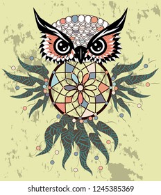 Dreamcatcher with owl. Zentangle. Abstract bird. Mystic symbol. American Indians symbol. for spiritual relaxation for adults. Decorative