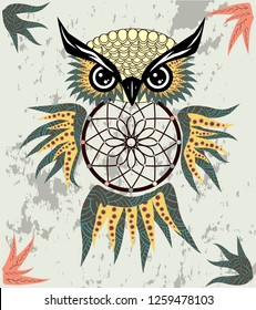 Dreamcatcher with owl. Zentangle. Abstract bird. Mystic symbol. American Indians symbol. for spiritual relaxation for adults. Decorative