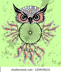 Dreamcatcher with owl. Zentangle. Abstract bird. Mystic symbol. American Indians symbol. for spiritual relaxation for adults. Decorative