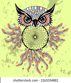Dreamcatcher with owl. Zentangle. Abstract bird. Mystic symbol. American Indians symbol. for spiritual relaxation for adults. Decorative
