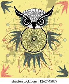 Dreamcatcher with owl. Zentangle. Abstract bird. Mystic symbol. American Indians symbol. for spiritual relaxation for adults. Decorative