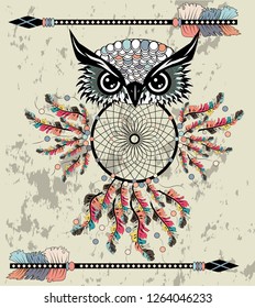 Dreamcatcher with owl. Zentangle. Abstract bird. Mystic symbol. American Indians symbol. for spiritual relaxation for adults. Decorative