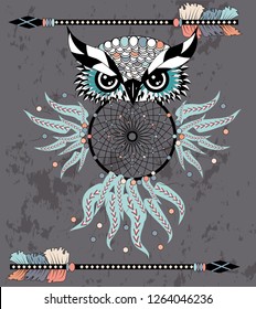 Dreamcatcher with owl. Zentangle. Abstract bird. Mystic symbol. American Indians symbol. for spiritual relaxation for adults. Decorative