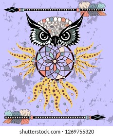 Dreamcatcher with owl. Zentangle. Abstract bird. Mystic symbol. American Indians symbol. for spiritual relaxation for adults. Decorative