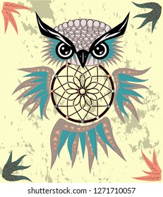Dreamcatcher with owl. Zentangle. Abstract bird. Mystic symbol. American Indians symbol. for spiritual relaxation for adults. Decorative