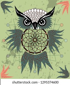 Dreamcatcher with owl. Zentangle. Abstract bird. Mystic symbol. American Indians symbol. for spiritual relaxation for adults. Decorative
