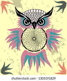 Dreamcatcher with owl. Zentangle. Abstract bird. Mystic symbol. American Indians symbol. for spiritual relaxation for adults. Decorative