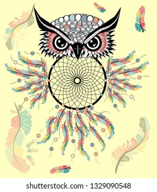 Dreamcatcher with owl. Zentangle. Abstract bird. Line art. Mystic symbol. American Indians symbol. spiritual relaxation for adults