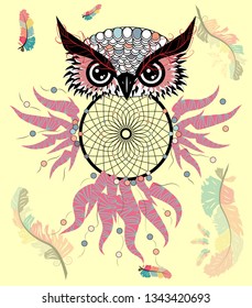 Dreamcatcher with owl. Zentangle. Abstract bird. Line art. Mystic symbol. American Indians symbol. spiritual relaxation for adults