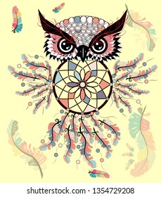 Dreamcatcher with owl. Zentangle. Abstract bird. Line art. Mystic symbol. American Indians symbol. spiritual relaxation for adults