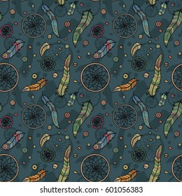Dreamcatcher pattern - beads and feathers seamless tribal boho background.