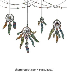 Dreamcatcher pattern - beads and feathers tribal boho background.