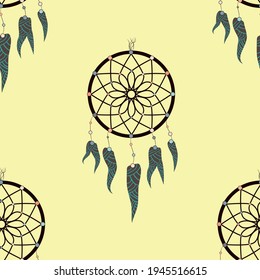 Dreamcatcher pattern in retro style. Hand drawn seamless pattern. Fashion print. Boho vintage style background.
