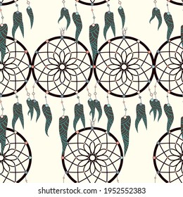 Dreamcatcher pattern in retro style. Hand drawn seamless pattern. Fashion print. Boho vintage style background.
