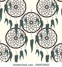 Dreamcatcher pattern in retro style. Hand drawn seamless pattern. Fashion print. Boho vintage style background.