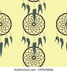 Dreamcatcher pattern in retro style. Hand drawn seamless pattern. Fashion print. Boho vintage style background.