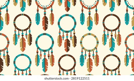 Узор Dreamcatcher бесшовный дизайн с бирюзовыми и коричневыми перьями на бежевом фоне. Плоский вектор EPS 10.
