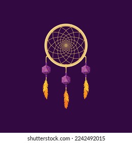 Dreamcatcher with purple polyhedral dice. Bohemian spirituality energy decoration. Vintage style, hippie culture.