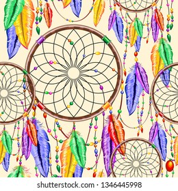 Dreamcatcher Rainbow Feathers Native Charm Item Vector Seamless Pattern