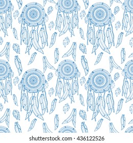Dreamcatcher seamless pattern on white background. Hand drawn design with ethnic, doodle and zentangle elements. Vector.