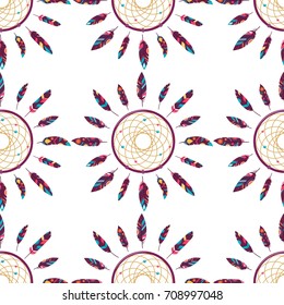Dreamcatcher seamless pattern of the ornaments of feathers. Native American Indian Dreamcatcher, a traditional symbol. Feathers isolated on white background. Vector decorative elements of hippies