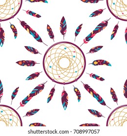 Dreamcatcher seamless pattern of the ornaments of feathers. Native American Indian Dreamcatcher, a traditional symbol. Feathers isolated on white background. Vector decorative elements of hippies