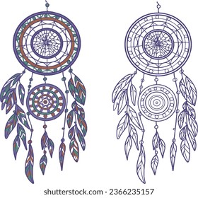 Dreamcatcher set, hand-drawn separately on a white background, round with feathers and beads, anti-stress coloring book