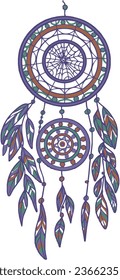 Dreamcatcher set, hand-drawn separately on a white background, round with feathers and beads, anti-stress coloring book