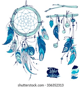 Dreamcatcher, Set of ornaments, feathers and beads. Native american indian dream catcher, traditional symbol. Feathers and beads on white background. Vector decorative elements hippie.